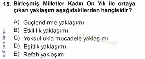 15. soru: Birleşmiş Milletler Kadın On Yılı ile ortaya çıkan yaklaşım aşağıdakilerden hangisidir? A) Güçlendirme yaklaşımı B) E…
