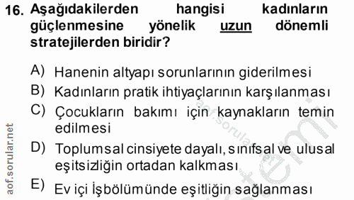 16. soru: Aşağıdakilerden hangisi kadınların güçlenmesine yönelik uzun dönemli stratejilerden biridir? A) Hanenin altyapı sorun…