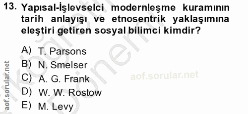 13. soru: Yapısal-İşlevselci modernleşme kuramının tarih anlayışı ve etnosentrik yaklaşımına eleştiri getiren sosyal bilimci ki…