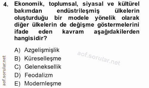 4. soru: Ekonomik, toplumsal, siyasal ve kültürel bakımdan endüstrileşmiş ülkelerin oluşturduğu bir modele yönelik olarak diğe…