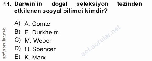 11. soru: Darwin'in doğal seleksiyon tezinden etkilenen sosyal bilimci kimdir? A) A. Comte B) E. Durkheim C) M. Weber D) H. Spe…