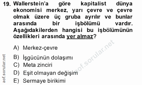 19. soru: Wallerstein'a göre kapitalist dünya ekonomisi merkez, yarı çevre ve çevre olmak üzere üç gruba ayrılır ve bunlar aras…