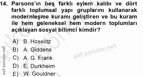 14. soru: Parsons'ın beş farklı eylem kalıbı ve dört farklı toplumsal yapı gruplarını kullanarak modernleşme kuramı geliştiren…