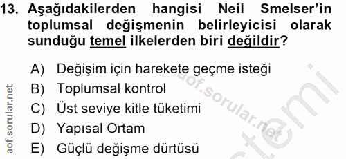 13. soru: Aşağıdakilerden hangisi Neil Selser'in toplumsal değişmenin belirleyicisi olarak sunduğu temel ilkelerden biri değild…