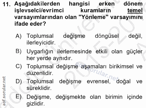 11. soru: Aşağıdakilerden hangisi erken dönem işlevselci/evrimci kuramların temel ifade eder? varsayımlarından olan "Yönleme" v…