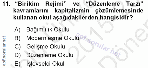 11. soru: "Birikim Rejimi" ve "Düzenleme Tarzı" kavramlarını kapitalizmin çözümlemesinde kullanan okul aşağıdakilerden hangisid…