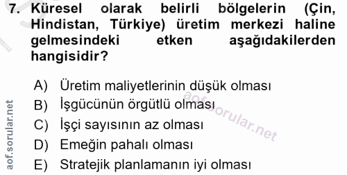 7. soru: Küresel olarak belirli bölgelerin (Çin, Hindistan, Türkiye) üretim merkezi haline gelmesindeki etken aşağıdakilerden…