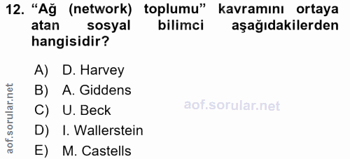 12. soru: "Ağ (network) toplumu" kavramını ortaya atan sosyal bilimci aşağıdakilerden hangisidir? A) D. Harvey B) A.Giddens C)…