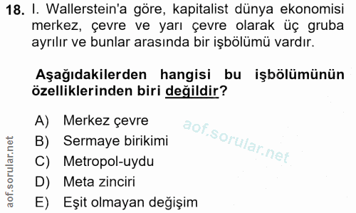 18. soru: I. Wallerstein'a göre, kapitalist dünya ekonomisi merkez, çevre ve yarı çevre olarak üç gruba ayrılır ve bunlar arası…