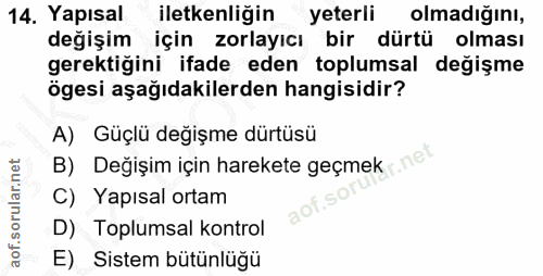 14. soru: Yapısal iletkenliğin yeterli olmadığını, değişim için zorlayıcı bir dürtü olması gerektiğini ifade eden toplumsal değ…