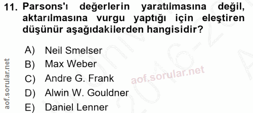 11. soru: Parsons'ı değerlerin yaratılmasına değil, aktarılmasına vurgu yaptığı için eleştiren düşünür aşağıdakilerden hangisid…