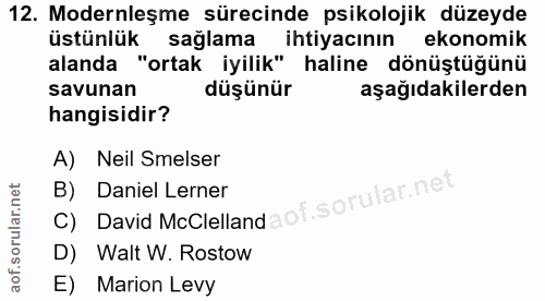 12. soru: Modernleşme sürecinde psikolojik düzeyde üstünlük sağlama ihtiyacının ekonomik alanda "ortak iyilik" haline dönüştüğü…