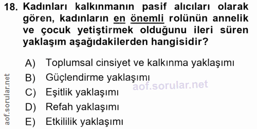 18. soru: Kadınları kalkınmanın pasif alıcıları olarak gören, kadınların en önemli rolünün annelik ve çocuk yetiştirmek olduğun…