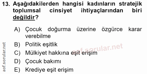 13. soru: Aşağıdakilerden hangisi kadınların stratejik toplumsal cinsiyet ihtiyaçlarından biri değildir? A) Çocuk doğurma üzeri…