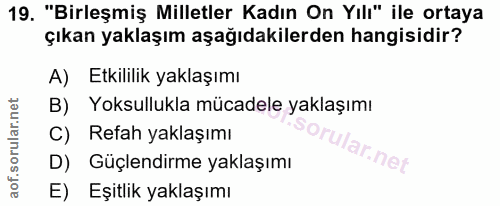 19. soru: "Birleşmiş Milletler Kadın On Yılı" ile ortaya çıkan yaklaşım aşağıdakilerden hangisidir? A) Etkililik yaklaşımı B) Y…
