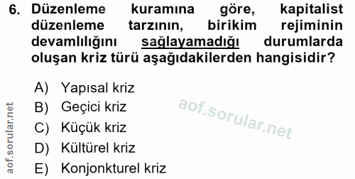 6. soru: Düzenleme kuramına göre, kapitalist düzenleme tarzının, birikim rejiminin devamlılığını sağlayamadığı durumlarda oluş…