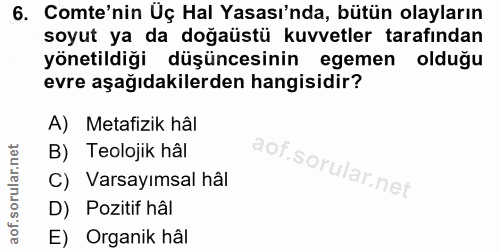 6. soru: Come'nin Üç Hal Yasası'nda, bütün olayların soyut ya da doğaüstü kuvvetler tarafından yönetildiği düşüncesinin egemen…