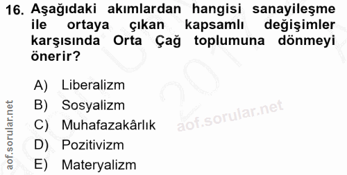 16. soru: Aşağıdaki akımlardan hangisi sanayileşme ile ortaya çıkan kapsamlı değişimler karşısında Orta Çağ toplumuna dönmeyi ö…
