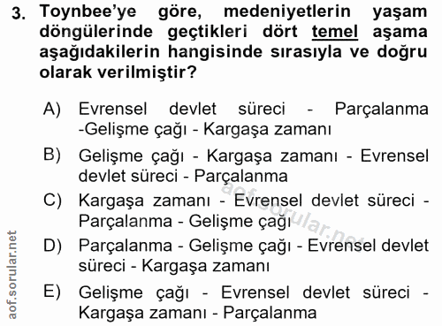 3. soru: Toynbee'ye göre, medeniyetlerin yaşam döngülerinde geçtikleri dört temel aşama aşağıdakilerin hangisinde sırasıyla ve…