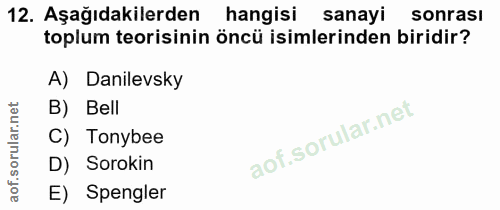 12. soru: Aşağıdakilerden hangisi sanayi sonrası toplum teorisinin öncü isimlerinden biridir? A) Danilevsky B) Bell C) Tonybee…