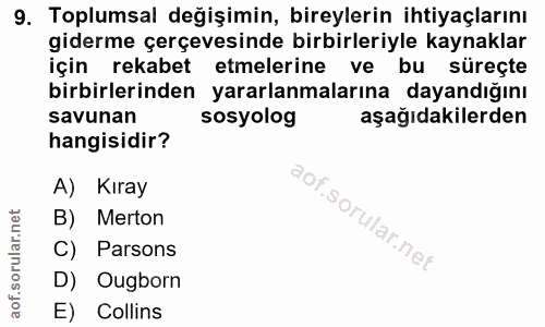 9. soru: Toplumsal değişimin, bireylerin ihtiyaçlarını giderme çerçevesinde birbirleriyle kaynaklar için rekabet etmelerine ve…