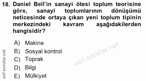 18. soru: Daniel Bell'in sanayi ötesi toplum teorisine göre, sanayi toplumlarının dönüşümü neticesinde ortaya çıkan yeni toplum…
