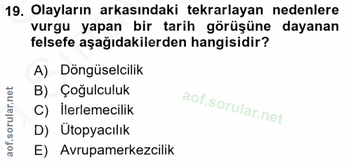 19. soru: Olayların arkasındaki tekrarlayan nedenlere vurgu yapan bir tarih görüşüne dayanan felsefe aşağıdakilerden hangisidir…