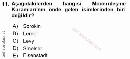 11. soru: Aşağıdakilerden hangisi Modernleşme Kuramları'nın önde gelen isimlerinden biri değildir? A) Sorokin B) Lerner C) Levy…