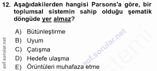 12. soru: Aşağıdakilerden hangisi Parsons'a göre, bir toplumsal sistemin sahip olduğu şematik döngüde yer almaz? A) Butünleştir…