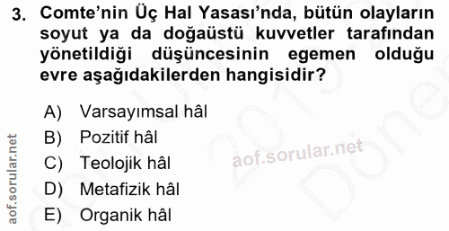 3. soru: Come'nin Üç Hal Yasası'nda, bütün olayların soyut ya da doğaüstü kuvvetler tarafından yönetildiği düşüncesinin egemen…
