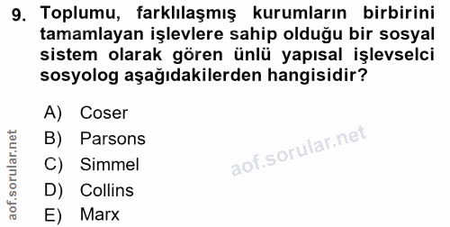 9. soru: Toplumu, farklılaşmış kurumların birbirini tamamlayan işlevlere sahip olduğu bir sosyal sistem olarak gören ünlü yapı…