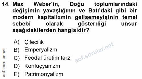 14. soru: Max Weber'in, Doğu toplumlarındaki değişimin yavaşlığının ve Batı'daki gibi bir modern kapitalizmin gelişemeyişinin t…