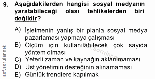 9. soru: Aşağıdakilerden hangisi sosyal medyanın yaratabileceği olası tehlikelerden biri değildir? A) İşletmenin yanlış bir pl…