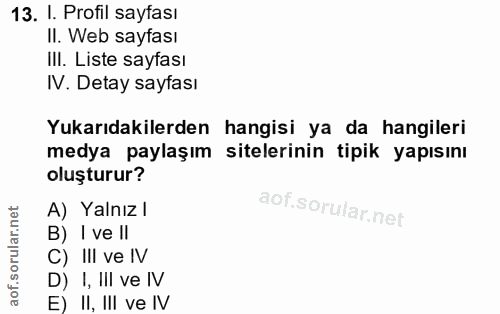 13. soru: I. Profil sayfası II. Web sayfası IlI. Liste sayfası IV. Detay sayfası Yukarıdakilerden hangisi ya da hangileri medya…