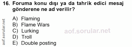 16. soru: Foruma konu dışı ya da tahrik edici mesaj gönderene ne ad verilir? A) Flaming B) Flame Wars C) Lurking D) Troll E) Do…