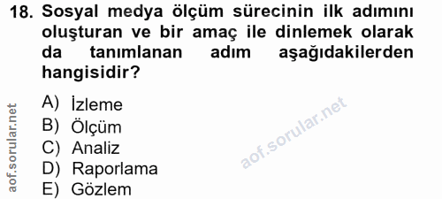 18. soru: Sosyal medya ölçüm sürecinin ilk adımını oluşturan ve bir amaç ile dinlemek olarak da tanımlanan adım aşağıdakilerden…