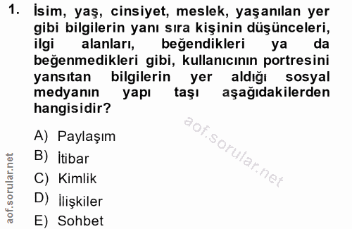 1. soru: Isim, yaş, cinsiyet, meslek, yaşanılan yer gibi bilgilerin yanı sıra kişinin düşünceleri, ilgi alanları, beğendikleri…