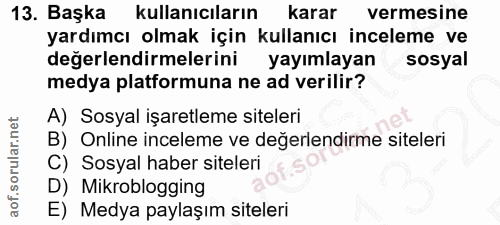13. soru: Başka kullanıcıların karar vermesine yardımcı olmak için kullanıcı inceleme ve değerlendirmelerini yayımlayan sosyal…