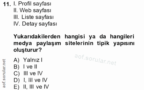 11. soru: I. Profil sayfası II. Web sayfası Ill. Liste sayfası IV. Detay sayfası Yukarıdakilerden hangisi ya da hangileri medya…