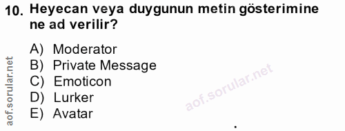 10. soru: Heyecan veya duygunun metin gösterimine ne ad verilir? A) Moderator B) Private Message C) Emoticon D) Lurker E) Avatar