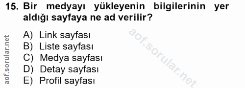 15. soru: Bir medyayı yükleyenin bilgilerinin yer aldığı sayfaya ne ad verilir? A) Link sayfası B) Liste sayfası soru C) Medya…