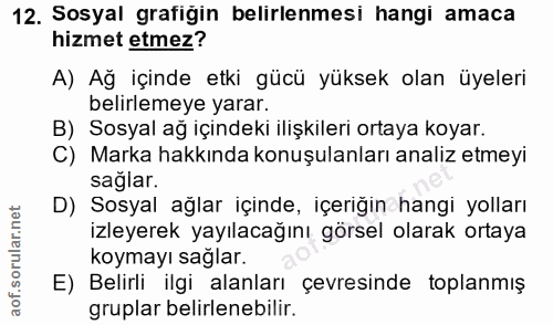 12. soru: Sosyal grafigin belirlenmesi hangi amaca hizmet etmez? A) Ağ içinde etki gücü yüksek olan üyeleri belirlemeye yarar.…