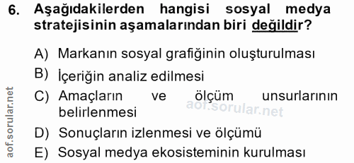 6. soru: Aşağıdakilerden hangisi sosyal medya stratejisinin aşamalarından biri değildir? A) Markanın sosyal grafiğinin oluştur…