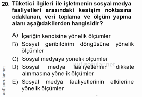 20. soru: Tüketici ilgileri ile işletmenin sosyal medya faaliyetleri arasındaki kesişim noktasına odaklanan, veri toplama ve öl…