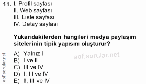 11. soru: I. Profil sayfası II. Web sayfası IlI. Liste sayfası IV. Detay sayfası Yukarıdakilerden hangileri medya paylaşım site…
