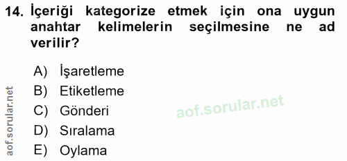 14. soru: İçeriği kategorize etmek için ona uygun anahtar kelimelerin seçilmesine ne ad verilir? A) Işaretleme B) Etiketleme C)…