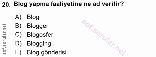 20. soru: Blog yapma faaliyetine ne ad verilir? A) Blog B) Blogger C) Blogosfer D) Blogging E) Blog gönderisi