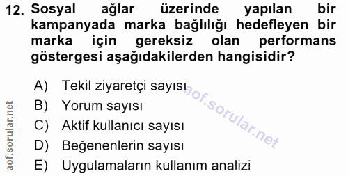 12. soru: Sosyal ağlar üzerinde yapılan bir kampanyada marka bağlılığı hedefleyen bir marka için gereksiz olan performans göste…