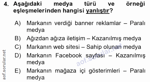 4. soru: Aşağıdaki medya türü ve Örneği eşleşmelerinden hangisi yanlıştır? A) Markanın verdiği banner reklamlar - Paralı medya…