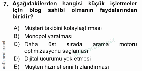 7. soru: Aşağıdakilerden hangisi küçük işletmeler için blog sahibi olmanın faydalarından biridir? A) Müşteri takibini kolaylaş…